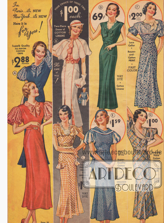 Kleider für die Frühjahr/Sommersaison 1933 mit gepufften Ärmeln und Capes in fröhlichen Farben.