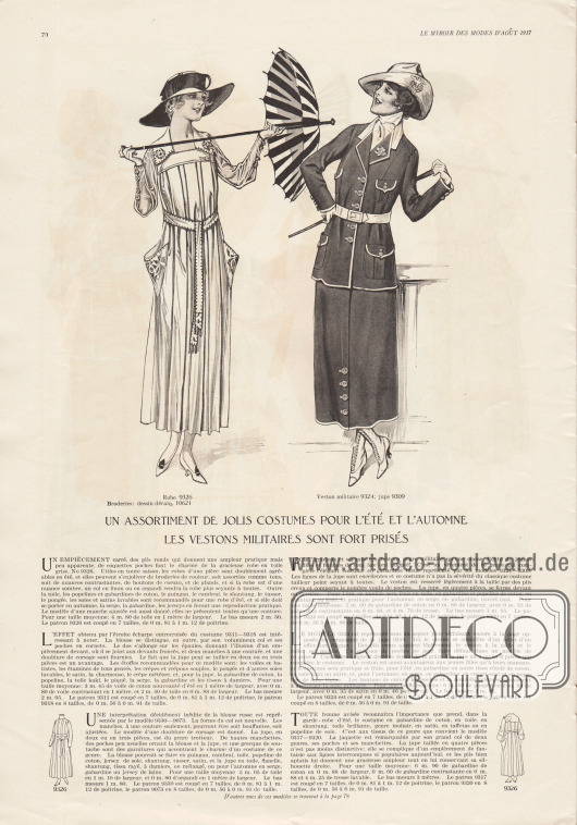„Eine Auswahl an hübschen Kostümen für Sommer und Herbst – Militärjacken sind sehr beliebt“ (frz. „Un assortiment de jolis costumes pour l’été et l’automne – Les vestons militaires sont fort prisés“).
9326 & 10621: Mondänes Damenkleid das ringsum in Plisseefalten verarbeitet wurde. Der Kragen, der Gürtel und die aufgesetzten Taschen sind mit einer gestickten Kante sowie mit Stickerei versehen. Letzteres kann mittels des Abplättmusters 10621 nachgearbeitet werden.
Leinengewebe, Baumwoll-Popeline oder Gabardine, Gingham, Chambray, Shantung, Tussor Seide, Pongee, Waschseide oder Waschsatin sind für eine sommerliche Version des Kleides geeignet. Für den Herbst sollte das Kleid aus Serge, Gabardine oder Jersey gefertigt werden.
9324 & 9309: Blaues, stark militärisch angehauchtes Kostüm bestehend aus Jacke und Rock. Die Jacke ist mit Einfassborte, mehreren Taschen mit Taschenklappe und einem hellen Kragen versehen, der mit dem hellen Gürtel harmoniert. Revers mit Ansteckblüte. Der Rock, der aus vier Teilen zusammengesetzt ist, zeigt eine Frontknöpfung.
Eine Version dieses Modells als Sommerkostüm kann aus Leinen, Baumwoll-Gabardine oder Popeline, Shantung oder Khakigewebe hergestellt werden. Für ein Herbstkostüm werden Serge oder Gabardine empfohlen.