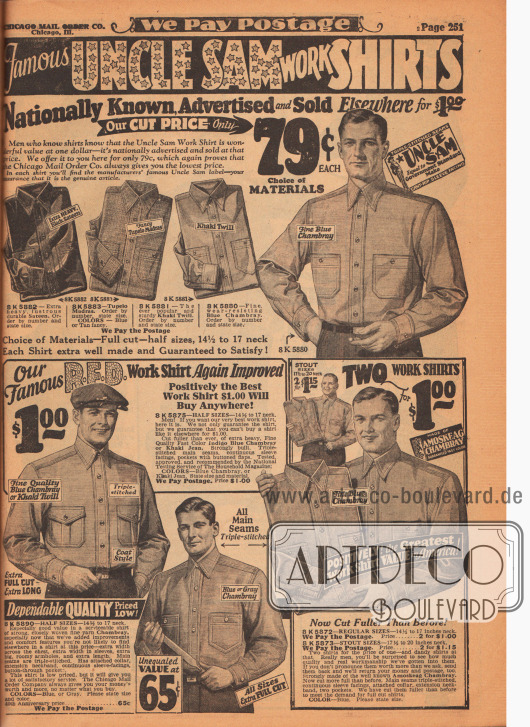 Widerstandsfähige Arbeitshemden der der noch heute existierenden Marke Uncle Sam aus Satin, „Tupelo Madras“ (leichtes, strapazierfähiges Baumwollgewebe), Khaki Gewebe, Chambray (Baumwollgewebe oder Leinen), indigoblauem Khaki-Jeansstoff und Amoskeag Chambray (hergestellt von der Amoskeag Manufacturing Co. in Manchester, New Hampshire, USA).
Die Arbeitshemden sind nahtverstärkt und besitzen große Brusttaschen.