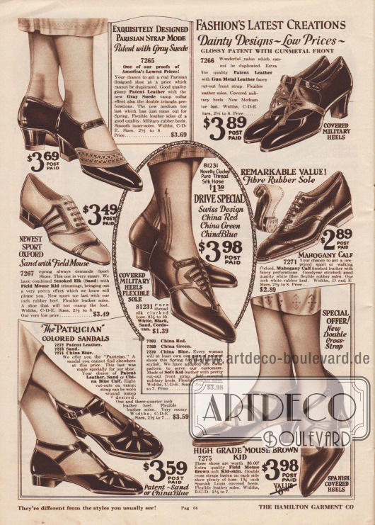 Schnallenschuhe, Sandalen und sportliche Oxfords aus Lackleder, Wapitileder (engl. „elk“), Chevreauleder (Ziegenleder) oder Rindsleder.
Drei Modelle sind mit zwei verschiedenen Ledersorten kombiniert. Viele Paare zeigen Ausstanzungen oder leichte Perforationen. Niedrige Gummiabsätze, etwas höhere Militärabsätze (engl. „military heel“) oder leicht geschwungene Spanische Absätze sind hier zu finden.