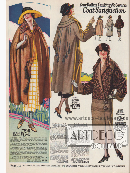 Doppelseite mit Mänteln und einem Umhang für Damen aus Woll-Polaire, Woll-Velours und Woll-Bolivia. Der weite Schnitt und die überlappenden Kragen der letzten Jahre sind immer noch modern.
