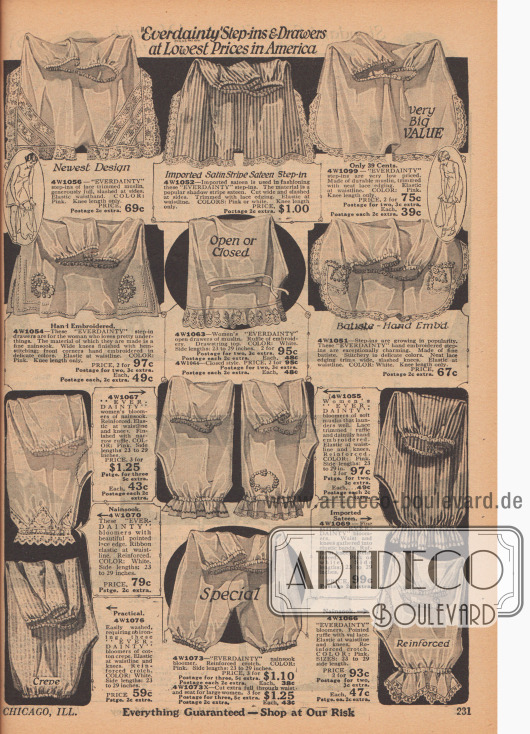 Sogenannte „step-in-drawers“ (dt. Schlupfhöschen) der Marke „Everdainty“ für Frauen aus Satin, Musselin, Nainsook (leichter Musselin), Batist und Baumwoll-Krepp mit teils reicher Spitze und Stickereien oder Rüschen. Viele der Höschen haben eingenähte Gummibändchen an der Taille und Beinen.