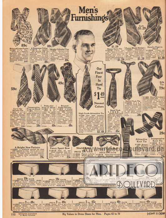 „Herrenausstattung“ (engl. „Men’s Furnishings“).
Bunt gemusterte Krawatten, Schlipps und sportliche Fliegen aus Faille Krepp, Seide und Satin. Zwei der Krawatten sind gestrickt. Besonders diagonale Muster oder auch „Polka Punkte“ (engl. „polka dots“) sind beliebt.
Im unteren Seitenbereich befinden sich weiche, mittelweiche und gestärkte Kragen zum Wechseln. Die Kragen sind aus Kanevas, gummiertem Leinen und anderen nicht näher definierten Geweben.
