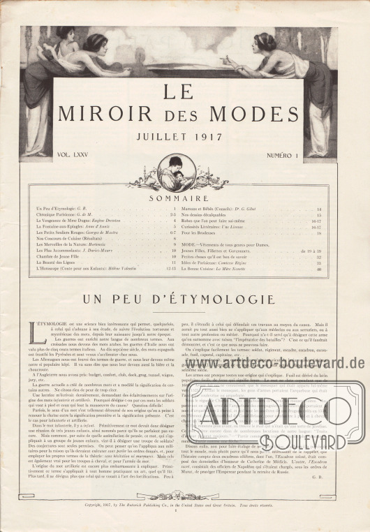 Inhaltsverzeichnis der Juli Ausgabe der Zeitschrift Le Miroir des Modes von 1917.
Artikel:
B., G., Un peu d’Étymologie.