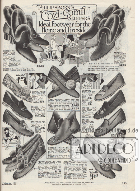 „Philipsborns ‚Behaglich-Gemütlich‘ Pantoffeln. Ideale Schuhe für Haus und Kaminzimmer“ (engl. „Philipsborn’s ‚Cozi-Comfi‘ Slippers. Ideal Footwear for the Home and Fireside“).
Bunte Filzpantoffeln, Hausschuhe und Puschen für die ganze Familie.
Die Hausschuhe und „boudoir slippers“ sind aus Filz hergestellt und besitzen Sohlen aus Leder oder Gummi. Einige Modelle sind mit Pelzröllchen oder Pompons aus Webpelz aufgemacht. Die Pantoffeln für Kinder und Männer sind teilweise mit Stickereien und Motiven versehen.