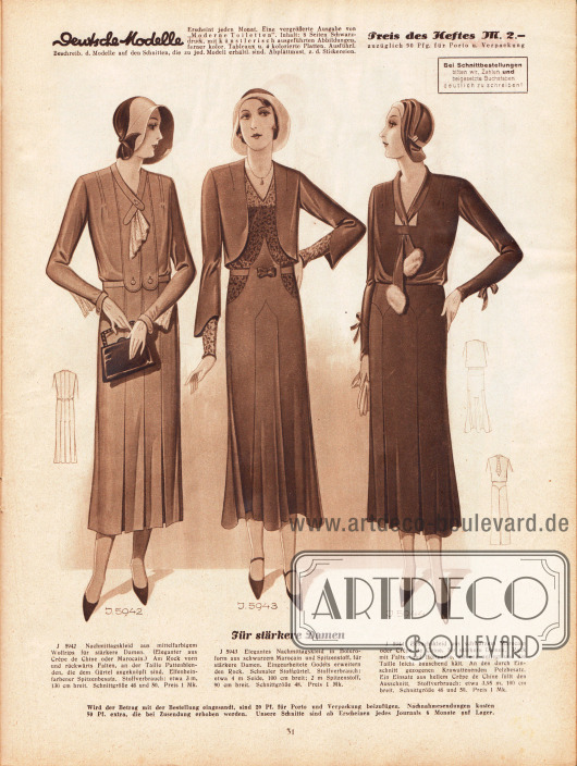 Für stärkere Damen.
5942: Nachmittagskleid aus mittelfarbigem Wollrips für stärkere Damen. (Eleganter aus Crêpe de Chine oder Marocain.) Am Rock vorn und rückwärts Falten, an der Taille Pattenblenden, die dem Gürtel angeknöpft sind. Elfenbeinfarbener Spitzenbesatz.
5943: Elegantes Nachmittagskleid in Boleroform aus schwarzem Marocain und Spitzenstoff, für stärkere Damen. Eingearbeitete Godets erweitern den Rock. Schmaler Stoffgürtel.
5944: Besuchskleid aus schwarzem Marocain oder Crêpe de Chine, für stärkere Damen. Rock mit Falten und Hüftpasse, die eng anliegt und die Taille leicht bauschend hält. An den durch Einschnitt gezogenen Krawattenenden Pelzbesatz. Ein Einsatz aus hellem Crêpe de Chine füllt den Ausschnitt.