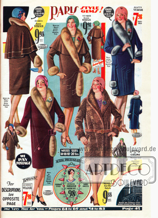 Wintermäntel für Damen aus Veloursleder, Velours und Wolle. Unten rechts befindet sich ein Mantel aus „Wombat Fur-like Fabric“, also aus einem Pelz ähnlich verarbeiteten Stoff. Die beiden Modelle links oben zeigen Schultercapes. Auch Paspeln und Ziernähte verschönern jeden Mantel. Zur Pelzverbrämung dient gefärbtes, chinesisches Schafsfell.
Unten mittig befindet sich eine Strasskette (Modeschmuck) für 98 Cent.