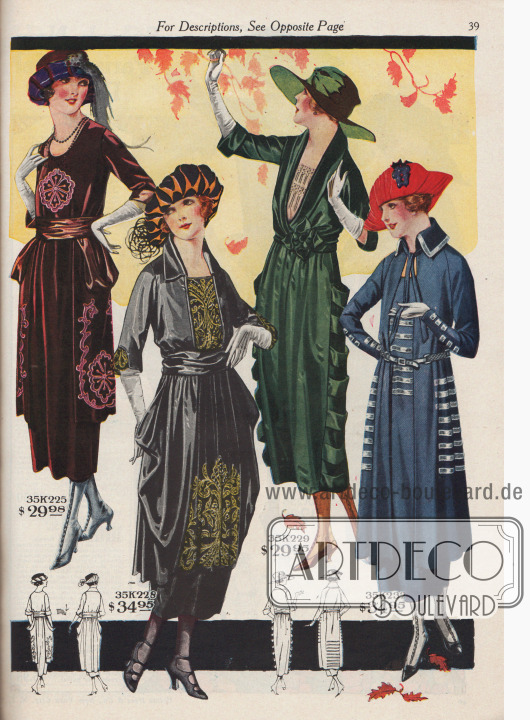 Elegante Straßenkleider aus Samt und Satin mit reichen Seidenstickereien.
