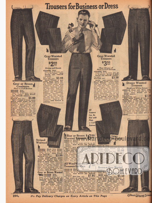 „Hosen für Geschäft und elegante Anlässe“ (engl. „Trousers for Business or Dress“).
Die hier gezeigten Anzughosen sind aus Kaschmirwolle und Baumwolle, Baumwoll-Kammgarn oder Woll-Kammgarn. Streifenmuster, Heringsmuster, diagonale Stoffverarbeitungen und feine Nadelstreifen sind die vorherrschenden Gewebeverarbeitungen. Hosen werden mit oder ohne Hosenaufschläge geliefert.