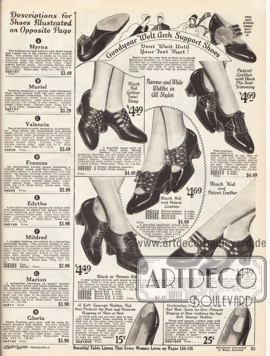 Damenschuhe mit „Goodyear Welt Fußgewölbe-Unterstützung“ (engl. „Goodyear Welt Arch Support“), die besonders bei stärker gebauten Damen beliebt sind und einen hohen Tragekomfort gewährleisten.
Die hier präsentierten Oxfords (und ein Schnallenschuh mit drei Riemchen) sind aus Lackleder oder Chevreauleder (Ziegenleder). Die Schuhe besitzen dekorative Ausstanzungen und haben niedrige Absätze.
Am unteren Seitenrand werden zudem zwei verschiedene Polster aus Gummi angeboten, die in die Ferse der Schuhe geklebt werden und Blasenbildung verhindern, die Strümpfe schonen und zusätzlich den Tragekomfort erhöhen sollen.