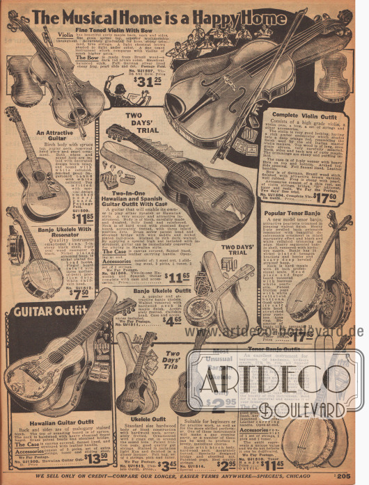„Das musikalische Heim ist ein glückliches Heim“ (engl. „The Musical Home is a Happy Home“).
Musikinstrumente für zu Hause wie Violinen, hawaiianische und spanische Gitarren, Ukulelen und Banjos. Die Gitarren sind teilweise mit Malereien versehen.
