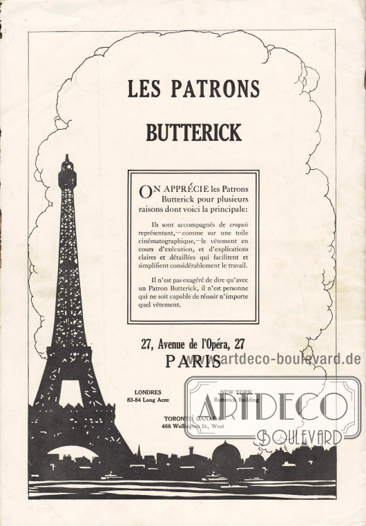 Rückseite mit der Werbung für die eigenen Butterick Schnittmuster die über die französische Niederlassung 27, Avenue de l’Opéra, 27, Paris erhältlich sind.