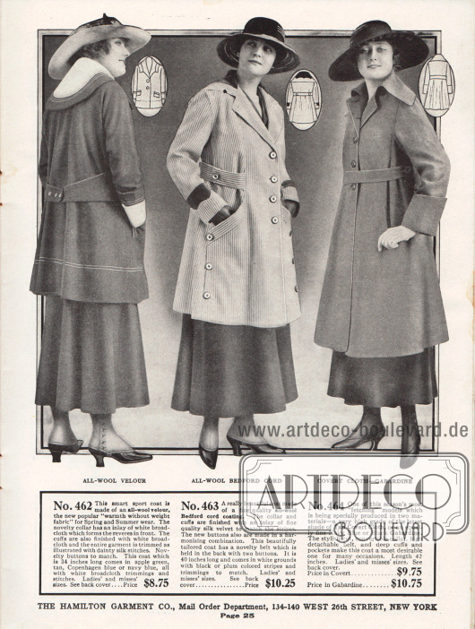 Damenmäntel der unteren mittleren Preiskategorie aus Woll-Velours und Bedford Cord (Wollgewebe). Der dritte Mantel kann wahlweise in der Variante aus „covert cloth“ (leichtes, aber dicht gewebtes Wollgewebe) oder Gabardine bestellt werden.
Das erste Modell ist ein sportlicher Kurzmantel mit einem rund geformten Kragen mit einem Besatzstoff aus weißem Breitgewebe. Zurückhaltende Stickerei dient als Garnierung. Der nachfolgende Kordmantel zeigt an Kragen und Unterärmeln Besatz aus schwarzem Seiden-Samt. Einen besonders feschen Schnitt zeigt das letzte Modell, das einen wandelbaren Kragen besitzt.