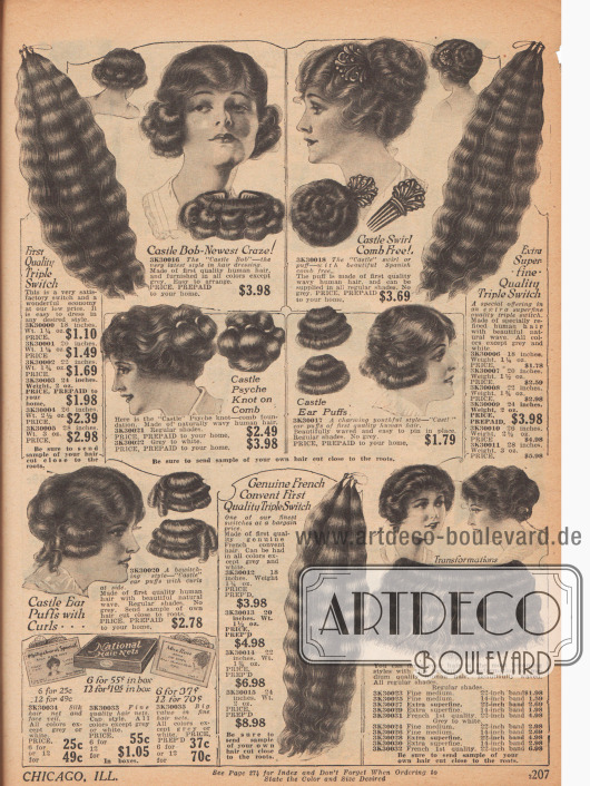„Natürlich gelockte“ Echthaarteile: Strähnen, Locken und Haarknoten zum einfachen Einarbeiten in die eigene Frisur. Verschiedene Haarlängen und Qualitäten in allen Haarfarben (außer Grau und Weiß) sowie passende Haarnetze, zu je sechs oder 12 Stück (unten links), sind erhältlich.
Die neueste Haarmode („Newest Craze!“) ist der „Castle Bob“ oder „Castle Swirl“ mit dem das Versandhaus die Haarteile mit dem Namen der bekannten Tänzerin Irene Castle bewirbt. Dies zeigt, wie weitrechend schon damals die populären Stars zur Vermarktung herangezogen wurden.