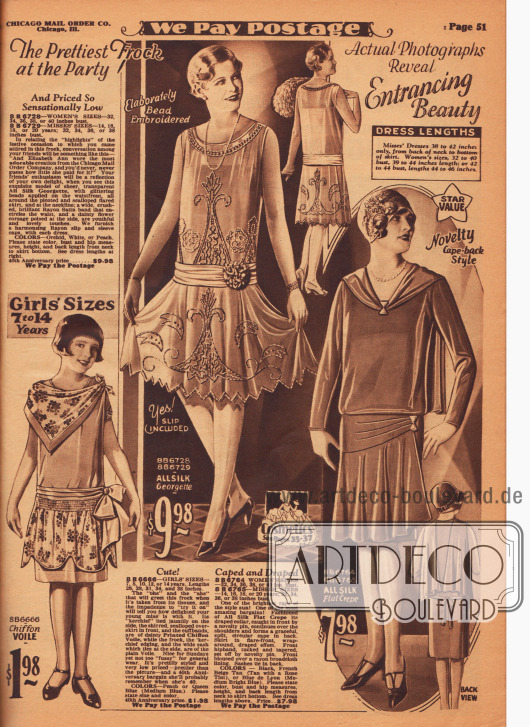 Ein Kleid für 7 bis 14-jährige Mädchen aus Chiffon-Schleierstoff sowie ein Ballkleid aus Seiden-Georgette und ein Nachmittagskleid aus Seiden Krepp.
Das Mädchenkleid unten links zeigt ein zum Capekragen gebundenes Halstuch und einen Volant aus gleichem Material, der mit einer Reihenziehung in Hüfthöhe vernäht ist. Das Tanz- und Ballkleid in der Mitte besteht aus einem Unterrock aus Rayon und einem duftigen Überkleid aus transparentem Seiden-Georgette, das mit funkelnden Glasperlen in der Front und am Rock bestickt ist. Das passende Hüftband aus Rayon-Satin ist mit einer Kunstblüte (wohl Rhododendren oder Gardenien) versehen. Das blusig geschnittene Oberteil des nachfolgenden Nachmittagskleides ist mit langen Schalenden, die vom Ausschnitt ausgehen, versehen. Der in Falten fallende Volant des Rockes ist einseitig höher vernäht und mit einer dekorativen Anstecknadel optisch befestigt.