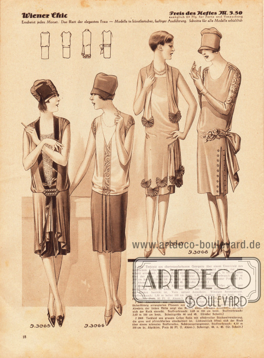 3065: Teekleid aus chartreusefarbenem Georgette über einem Unterkleid aus schwarzem Crêpe Satin. Zu diesem ist passendes Seidenband um den Ausschnitt arrangiert und fällt, durch eine schöne Schnalle gezogen, in losen Enden über den vorn glockigen Rock. Gestickter Einsatz.
3066: Teekleid in einer Kombination von faïenceblauem Crêpe Romain und perlgrauem Crêpe de Chine. Dieser ergibt den blusigen Jumper, der im Ton des Rockes bestickt ist. Vorn spitzer Ausschnitt. Winziger Ärmeleinsatz.
3067: Abendkleid aus aprikosenfarbenem Crêpe de Chine, effektvoll mit fächerförmig arrangierten Plissees aus dunklem schattiertem Samtband garniert. Abwärts der linken Hüfte zeigt das Modell einen schrägen Einschnitt, an dem sich der Rock einreiht.
3068: Teekleid aus grauem Crêpe Satin mit effektvoller Stickereiverzierung, die grau und pfirsichfarben abschattiert ist. Linksseitlich öffnet sich der Rock über einem schmalen Stoffstreifen. Schärpenarrangement.