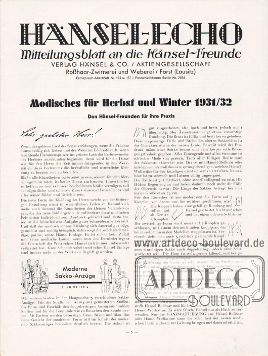Artikel:
Henschke, Bruno (Geschäftsführer), Modisches für Herbst und Winter 1931/32. Den Hänsel-Freunden für ihre Praxis.