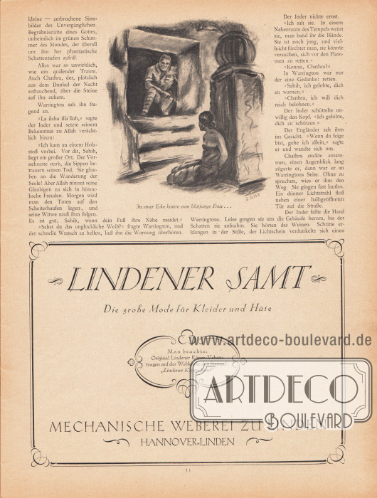Artikel (Novelle):
Friesland, C. R. von, Die flammende Hand.
Illustration: Boht.
Werbung:
Lindener Samt, die große Mode für Kleider und Hüte, mechanische Weberei zu Linden, Hannover-Linden.