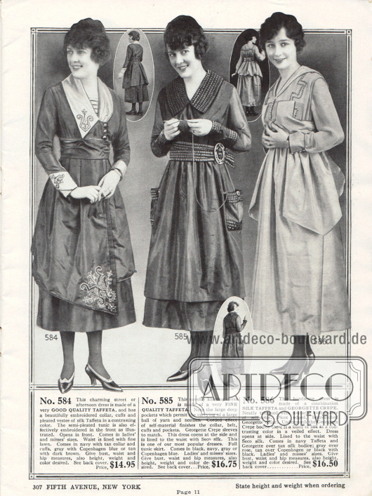 Aparte Kleider aus Taft sowie Seiden-Taft und Georgette Krepp für den städtischen Boulevard oder den Nachmittag. Das erste Modell lebt von seiner kontrastierenden Farbgebung zwischen Kleid und Kragen und Ärmelaufschlägen. Letztere und die Spitze des Rocksaums sind dezent bestickt. Auffällig beim zweiten Modell ist der kordartige Taftstoff, der an Kragen, Gürtel, Ärmelaufschlägen und auf den aufgesetzten Taschen zu finden ist. Das dritte Modell zeigt drapierte Stofffülle um die Hüfte und Soutachestickereien am Oberteil.
