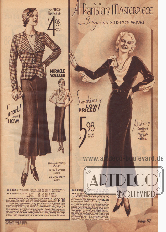 Doppelseite mit Kleidern von sportlich bis elegant. Ausgestellte Ärmel und auch Spitze (Kleid links) lassen die Mode der 1890er Jahre wieder aufleben.