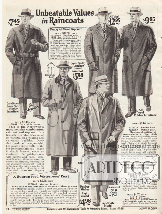 „Unschlagbare Werte bei Regenmänteln“ (engl. „Unbeatable Values in Raincoats“).
Wasserfeste All-Wetter-Mäntel aus Veloursleder oder reiner Wolle mit gummierten Zwischenräumen (oben) sowie kleidsame Regenmäntel aus gummierter Baumwolle oder Ölzeug (unten). Die aufgesetzten Taschen der Regenmäntel sind wasserabweisend oder mit Klappe versehen.
