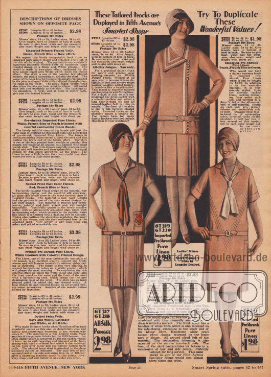 Einfache Kleider und Sportkleider mit Kellerfalten und Plisseeeinsätzen aus Rohseide und sanforisiertem (vorgeschrumpftem) Leinengewebe.
Das obere Kleid zeigt weiße Bandgarnitur aus Leinen, weiße Perlknöpfe und einen kecken Kragen.
Die beiden unteren Modelle präsentieren krawattenartig drapierte und gebundene Schleifen, kurze Ärmel, Biesen an den Schultern und werden mit einem Ledergürtel oder einem Gürtel aus dem Kleidmaterial getragen. Das linke Kleid unten besitzt zudem eine Tasche mit Emblemstickerei.