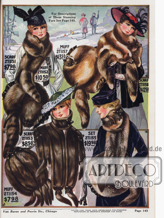 Elegante Pelzschals und Muffe aus Wolfspelz, russischem Murmeltier, grauem Fuchspelz und Rotfuchs. Die Sets kosten bis zu 24,98 Dollar.