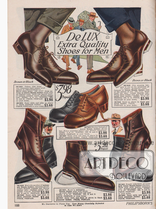 Elegante Straßenstiefeletten und Halbschuhe für den Herrn aus russischem Leder. Alle Schuhe besitzen einen gummierten Absatz; zwei Modelle zudem auch eine Gummisohle. Die Schuhe sind in den Farben Braun, Mahagoni oder „gunmetal“ Schwarz erhältlich.
