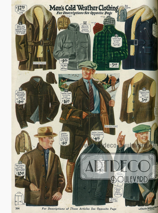 Jacken mit Pelzbesatz (L, Z), blousonartige Lederjacken und Lumberjacks (M, O, S), eine Kordjacke mit Gürtel (P), zwei Lederwesten mit (R) und ohne Ärmel (U), eine Norfolk Jacke aus Kord mit passenden Hosen (T) und eine doppelreihige Mackinaw Jacke aus schwerer Wolle (W).
