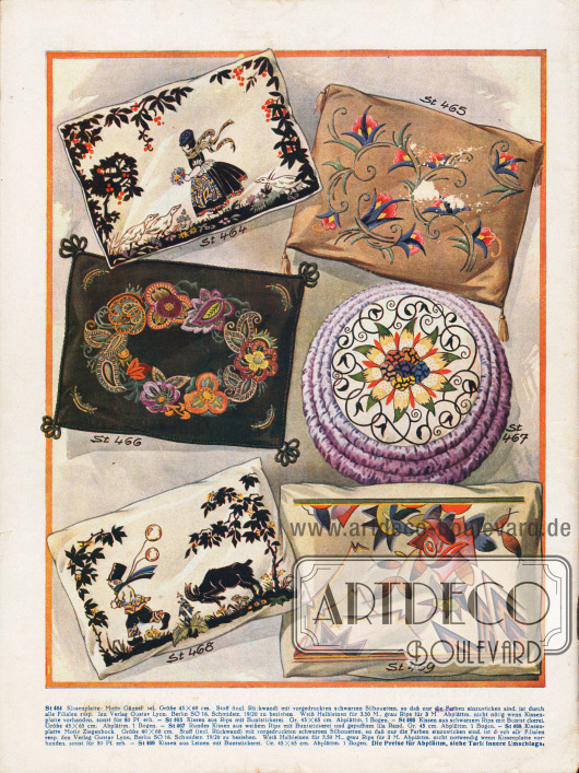 St 464: Kissenplatte: Motiv Gänseliesel. Größe 45 x 60 cm.
St 465: Kissen aus Rips mit Buntstickerei. Größe 45 x 65 cm.
St 466: Kissen aus schwarzem Rips mit Buntstickerei. Größe 45 x 65 cm.
St 467: Rundes Kissen aus weißem Rips mit Buntstickerei und gepufftem lila Rand. Größe 45 cm.
St 468: Kissenplatte: Motiv Ziegenbock. Größe 40 x 60 cm.
St 469: Kissen aus Leinen mit Buntstickerei. Größe 45 x 65 cm.
