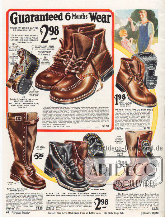 Arbeitsschuhe und hochgeschlossene Arbeitsstiefel mit Riemen mit sechs Monaten Garantie. Die Schuhe sind aus nachgegerbten Ledern und zeigen verstärkte Nähte. Die meisten Modelle besitzen die Mokassin Kappe mit rundgeführter Naht an der Schuhspitze.