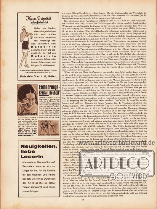 Artikel:
Maibauer, Dr. Fritz, Die Frauen und das Bürgerliche Gesetzbuch.
Werbung:
Kalasiris Mieder, Kalasiris GmbH, Köln L;
Enthaarungskristall, „Eta“ Chem.-tech. Fabrik GmbH, Berlin-Pankow 148, Borkumstraße 2;
Eigenwerbung des Verlages um die Leserinnen zur Durchsicht des Anzeigenteiles zu animieren.