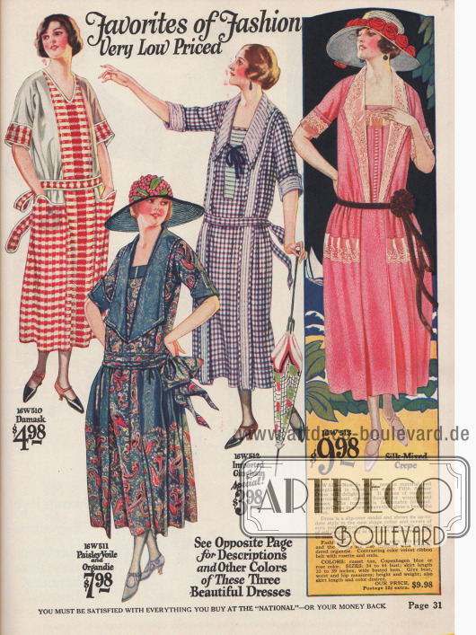 Günstige Kleider aus Damast, Schleierstoff mit Paisley Musterung und Organdy, Gingham und Seiden Krepp.