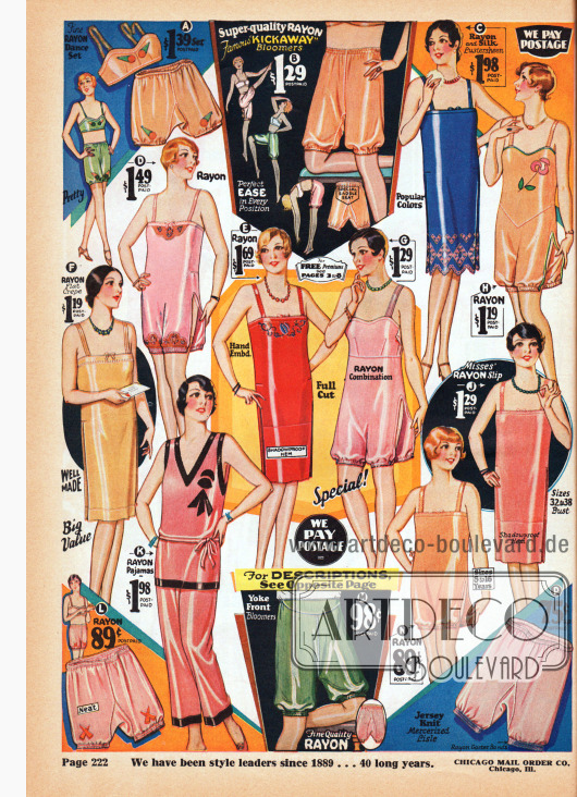 Damenunterwäsche aus Rayon, glänzender Seide, Rayon-Baumwoll Krepp und gestricktem Jersey für Frauen und Backfische.
Die Auswahl besteht aus zweiteiligen Bustier-Pumphöschen Kombinationen (A), Pumphöschen (B, L, M, P), langen Unterhemden (C, E, F, J), einteiligen Hemd-Pumphöschen Kombinationen (D, G, H, N) und Pyjamas (K).