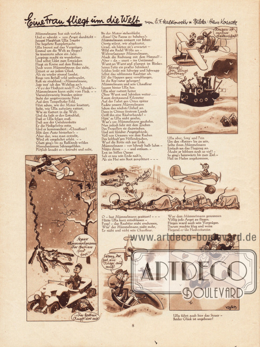 Artikel (Reim):
Malkowsky, E. F., Eine Frau fliegt um die Welt.
Illustrator: Hans Kossatz (1901-1985).