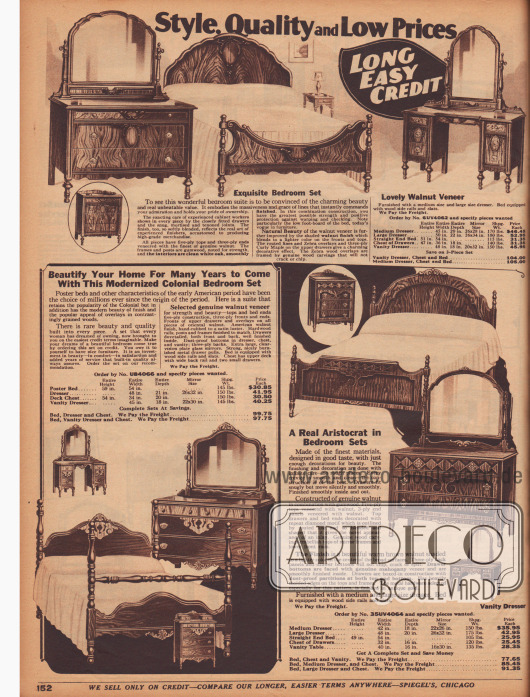 Schlafzimmermöbel im amerikanischen Kolonialstil. Die drei Einrichtungen bestehen aus dem Doppelbett, großen oder kleinen Kleiderschränken, Kommoden mit Schubfächern – teilweise mit Spiegelaufsatz – und einem Frisier- und Schminktisch und können nach Geschmack zusammengestellt werden. Sämtliche Möbel sind aus amerikanischem Walnussholz, Eukalyptusholz oder Eiche gefertigt. Gedrechselte Füße, zurückhaltende Ornamentik oder verschiedenfarbiges Furnier geben den Möbeln ein vornehmes Aussehen.