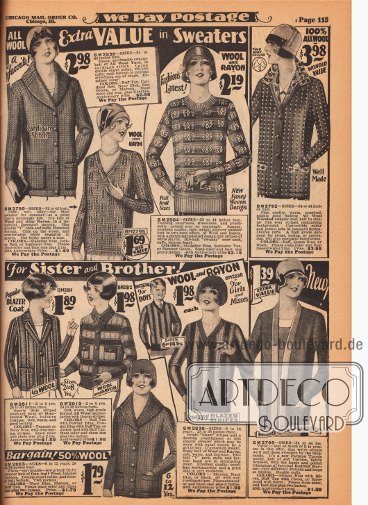 Aus Wolle, Wolle und Rayon sowie aus Wolle und Baumwollgarnen gestrickte Strickjacken (Cardigans), Pullover (Jumper) und Blazer (leichte Sportjacken) für Damen, junge Frauen und Mädchen von 2 bis 14 Jahren.