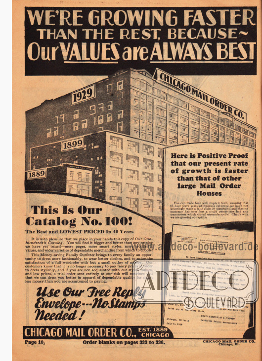 Seite mit Eigenwerbung der Firma mit dem Hinweis, dass Chicago Mail Order Co. schneller als andere Versandhäuser wächst, weil hier die Preise stimmen und die Artikel immer die beste Qualität haben.
Die unterschiedlichen Größen der ehemaligen Gebäude, in denen Chicago Mail Order Co. in den letzten 40 Jahren beheimatet war, soll das Wachstum des Hauses illustrieren.