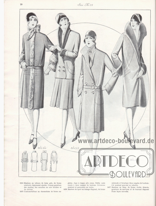 8454: Manteau en velours de laine gris, de forme ceinturée, légèrement ajustée. Comme garniture des piqûres, des mouches en soie brodées et du caracul.
8455: Costume-tailleur en charmelaine de forme anglaise. Jupe à larges plis creux. Petite veste courte à deux rangées de boutons. Col-revers montant et parements en loutre.
8456: Manteau de sport en lainage diagonal, de forme ceinturée et fermé par deux rangées de boutons. Col montant pouvant se rabattre.
8457: Manteau en drap, de forme droite, élancée, garniture de nervures et de fourrure disposée d’une façon nouvelle.