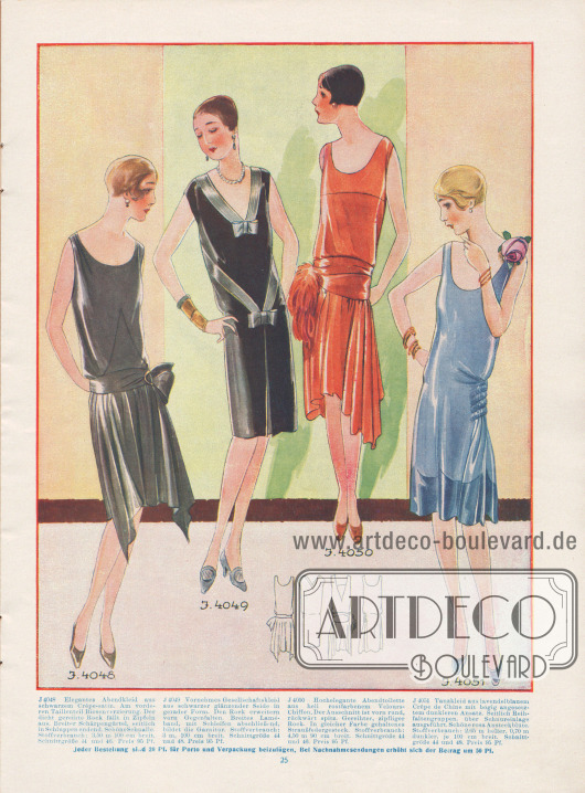 4048: Elegantes Abendkleid aus schwarzem Crêpe-Satin. Am vorderen Taillenteil Biesenverzierung. Der dicht gereihte Rock fällt in Zipfeln aus. Breiter Schärpengürtel, seitlich in Schluppen endend. Schöne Schnalle.
4049: Vornehmes Gesellschaftskleid aus schwarzer glänzender Seide in gerader Form. Den Rock erweitern vorn Gegenfalten. Breites Laméband, mit Schleifen abschließend, bildet die Garnitur.
4050: Hochelegante Abendtoilette aus hell rostfarbenem Velours-Chiffon. Der Ausschnitt ist vorn rund, rückwärts spitz. Gereihter, zipfeliger Rock. In gleicher Farbe gehaltenes Straußenfedergesteck.
4051: Tanzkleid aus lavendelblauem Crêpe de Chine mit bogig angesetztem dunkleren Ansatz. Seitlich Reihfaltengruppen über Schnureinlage ausgeführt. Schöne rosa Ansteckblüte.