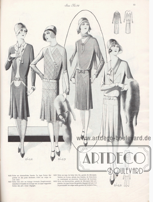 8426: Robe en charmelaine foncée. La jupe forme des godets et des pans flottants. Gilet en crêpe de soie clair.
8427: Robe très chic en lainage écossais. Empiècement, manches et bandes en lainage uni. La jupe rapportée forme de plis creux dégagés.
8428: Robe en reps de laine très fin, garnie de découpes. Tablier en forme, plissé. Les bandes de l’encolure se continuent en plastron. Garniture de boutons.
8429: Robe en charmelaine, garnie de découpes très originales. La jupe forme des godets dégagés devant. Col et parements en crêpe satin, garnis de broderie fine.