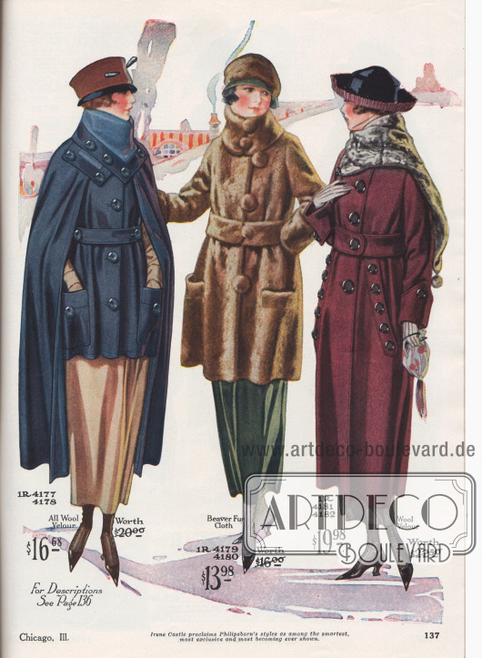 Damenmäntel aus marineblauem Woll-Velours, hellbraunem Biberpelz-Plüsch und burgunderrotem Woll-Velours für Herbst und Winter 1919-20.
Das erste Modell ist ein ungefütterter Kurzmantel mit großen aufgesetzten Taschen und weitem Cape, das offen getragen wird. Der hohe Kragen zeigt ein Stoffinlay aus hellerem Breitgewebe; zudem reiche Knopfgarnitur. Das zweite Modell ist ein kurzer Pelzmantel mit breitem Pelzgürtel, hohem Kragen, großzügig eingelassenen Taschen und mit Pelz bezogenen Knöpfen. Bunt geblümter Samt dient als Futter. Der dritte Mantel besitzt einen Kragen aus Kunstpelz (engl. „Chinchilla fur fabric“), dessen verlängertes Ende mit einem Pompon abschließt; große, schräg eingelassene Schlitztaschen mit Zierknöpfen.