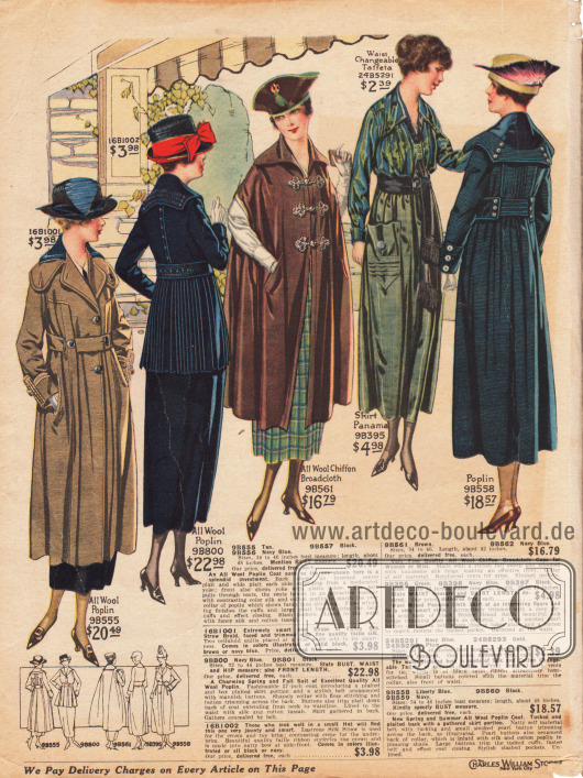 Zwei Damenmäntel mit capeartig weiten und die Schultern überlappenden Kragen aus Woll-Popeline (links und rechts außen), einem Umhang aus Woll-Chiffon Breitgewebe mit verstärkten Armöffnungen und drei dekorativen Frontverschlüssen (Posamentenverschluss, hier engl. „silk frogs“), einem marineblauen Kostüm aus Woll-Popeline mit plissiertem Jackenschoß sowie einer Kombination bestehend aus einer grünen Taft Bluse und einem Rock aus grünem Panama mit großer Tasche. Die Kombination wird mit einem passenden schwarzen Gürtelband mit Seidenfransen getragen.