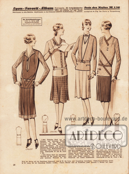 4011: Einfaches Kleid aus einfarbigem und kariertem Wollstoff gearbeitet. An der Weste Reißverschluß. Die hohen Manschetten zeigen Knopfbesatz. Am Vorderteil Bieseneffekt. Seitlich durch Einschnitte geleiteter Gürtel.
4012: Flottes Kleid aus jadegrünem Wollstoff für den Jumper und braun-grün kariertem Wollstoff für den Glockenrock und die Garniturblenden. Der schmale Gürtel mit Knopfschluß faßt die Weite leicht zusammen.
4013: Jumperkleid aus beigefarbenem und in gleichem Farbton gemustertem Wollstoff. Letzterer bildet den Jumper, den ein Einsatz aus dem Rockmaterial sowie eine weiße Seidenweste nebst Kragen ausstattet. Am Faltenrock und Jumper dunkelbraune Seidentresse.
4014: Jumperkleid aus sandfarbenem, gemustertem Phantasiewollstoff und braunem Wollrips gearbeitet. Letzterer ergibt den Plisseerock und die Blendenverzierung des Jumpers, an dem außerdem Knopfbesatz angebracht ist.
