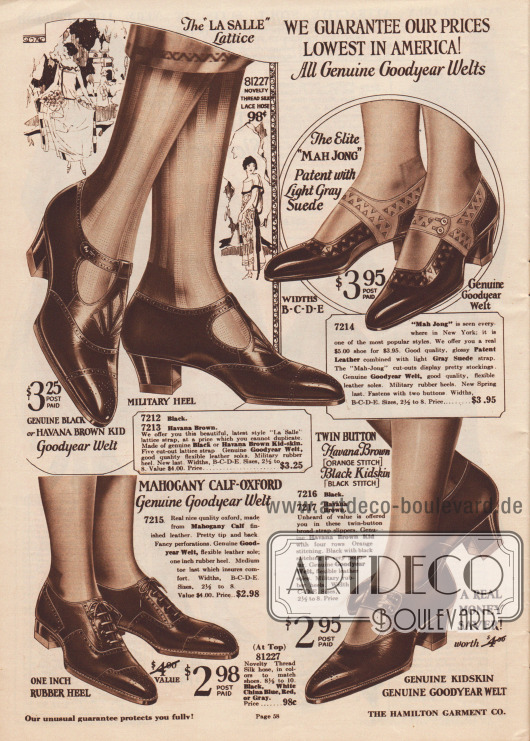 Schnallenschuhe und ein Oxford-Paar aus Chevreauleder (Ziegenleder), Lackleder oder Rindsleder für Frauen.
Alle Paare sind mit der „Goodyear Welt“ Produktionsmethode hergestellt und zeigen kleine Randperforationen. Oben rechts wird ein Schnallenschuh-Paar mit der 1924 sehr beliebten „Mah Jong“ Ausstanzung offeriert. Niedrige oder relativ niedrige Militärabsätze mit Gummisohle sind bei den Modellen zu finden.
