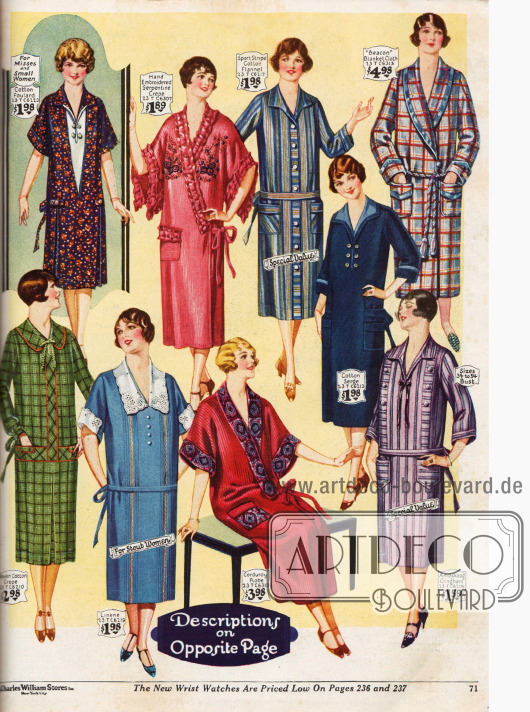 Sechs günstige Haushaltskleider aus Baumwollkrepp, Baumwolle und Foulard, Leinen, Baumwoll-Flanell, Baumwoll-Serge und Gingham.
Auch ein Kimono in rosé sowie zwei Bademäntel aus rotem Kord und kariertem Seiden-Kord werden hier angeboten.