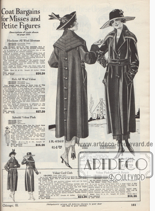 „Mantel-Schnäppchen für Backfische und zierliche Figuren“ (engl. „Coat Bargains for Misses and Petite Figures“).
Zwei Herbst- und Wintermäntel in der modernen Dolman Linie aus Velours-Kord und Velours Plüsch für junge Frauen zwischen 16 und 20 Jahren sowie für Damen mit kleinen Konfektionsgrößen.
Der erste Mantel besitzt einen breiten, im Rücken spitz zulaufenden Capekragen und ist mit Steppnähten verziert, die auch an den Ärmelaufschlägen zu finden sind. Das Modell präsentiert zudem Raglanärmel, eine Knopfleiste im Rücken sowie aufgesetzte Beuteltaschen. Der rechte Herbstmantel zeigt einen mit Kaninchenfell verbrämten, Schulter breiten Kragen sowie eingelassene Taschen, die mit Patten gedeckt sind. Als Futterstoff dient gemusterter Satin.