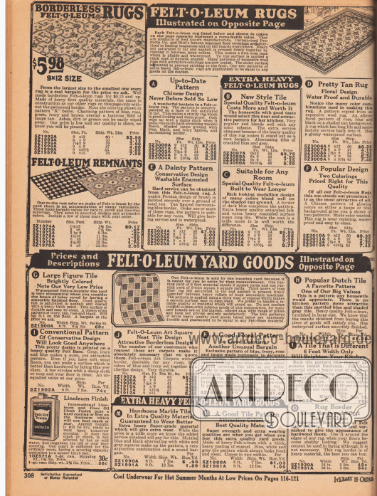 Teppiche aus Linoleum (oben links) und Beschreibungen für die Teppiche und Bodenbelege (Meterware) aus Linoleum auf der gegenüberliegenden Farbseite 309. Die Linoleum Bodenbelege werden hier „Felt-O-Leum“ genannt (Savage Handelsmarke).