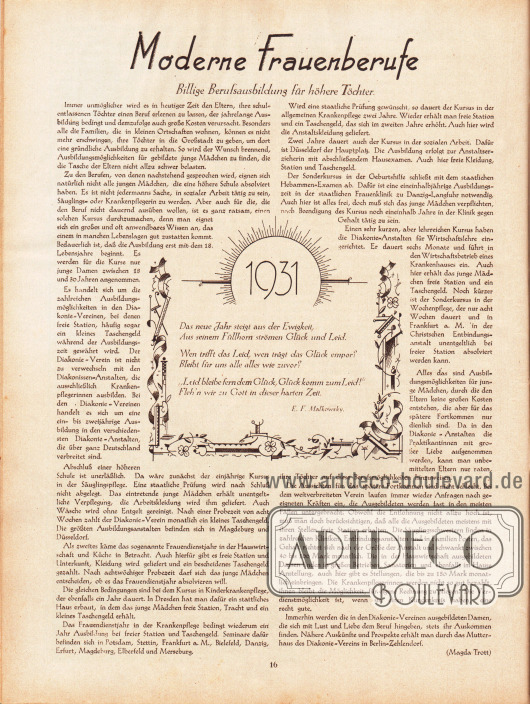 Artikel:
Trott, Magda, Moderne Frauenberufe. Billige Berufsausbildung für höhere Töchter.
Dazu ein kurzer Reim zum neuen Jahr 1931 von E. F. Malkowsky.