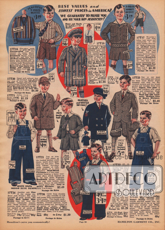 Mehrteilige Outfits, Anzüge und Mäntel für verschiedene, eher legere Aktivitäten. Die Kleidungsstücke sind aus Wollgeweben, Breitgewebe, Woll-Kaschmir, Woll-Cheviot und Alpaka. Zu einzelnen Outfits werden auch passende Mützen angeboten. Die Kleidung ist etwa für 2 bis 8-jährige Jungen ausgelegt.
Im unteren Bildbereich finden sich drei Arbeits- und Spieloveralls für 2 bis 12-jährige Jungen. Die Overalls sind aus blauem Denim (Jeansstoff) und Khakistoff.